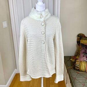 Jones NY Ivory Cardigan Sweater Faux Fur Collar Chunky Metallic (L)